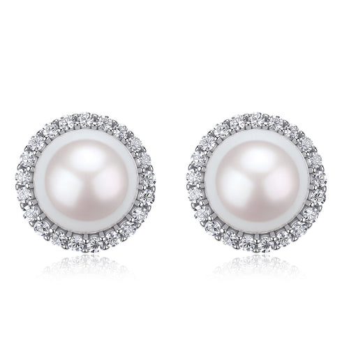 7-8mm White Akoya Pearl Roud Zirconia Stud Earrings